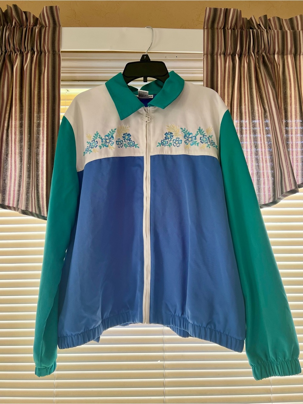 Alfred Dunner Teal, Blue & White Floral Zip-Front Bomber Jacket